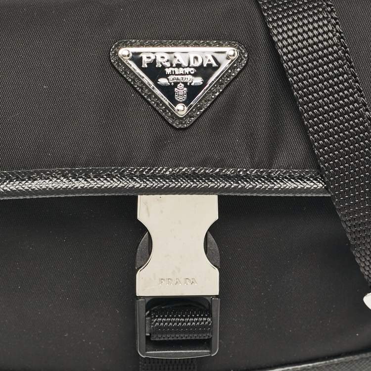Pre Owned Prada Black Re-Nylon and Leather Flap Crossbody Bag