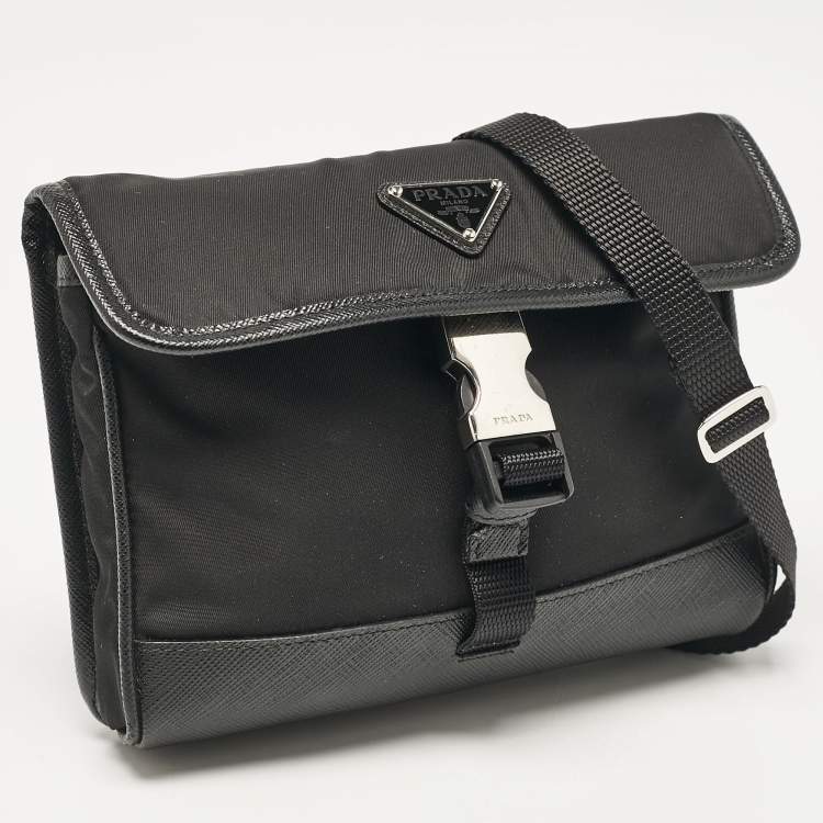 Pre Owned Prada Black Re-Nylon and Leather Flap Crossbody Bag