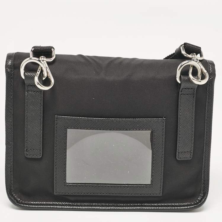Pre Owned Prada Black Re-Nylon and Leather Flap Crossbody Bag