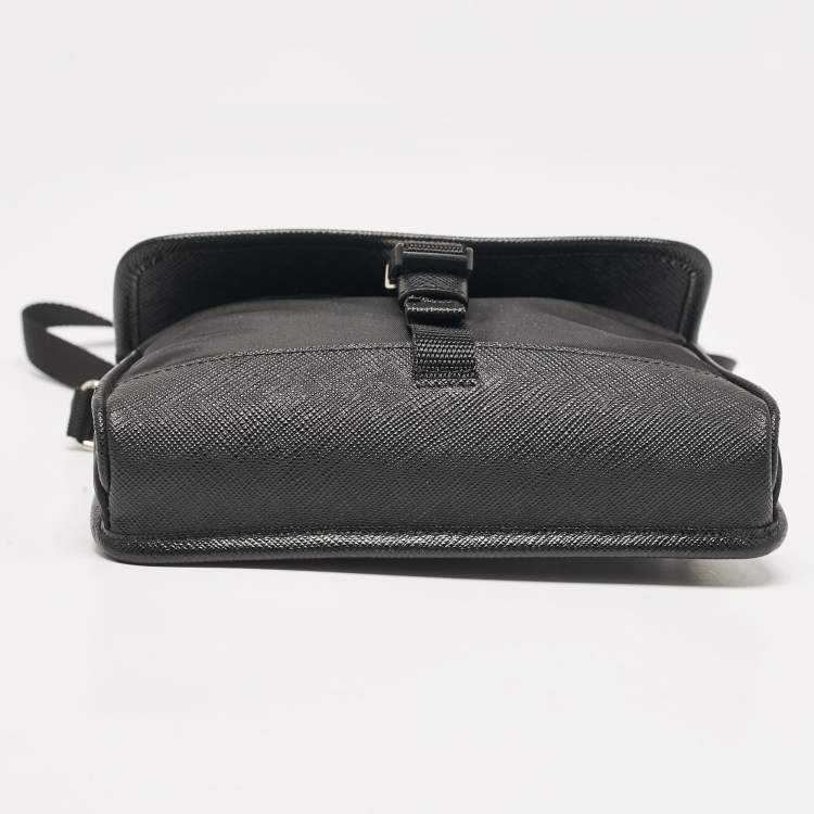 Pre Owned Prada Black Re-Nylon and Leather Flap Crossbody Bag