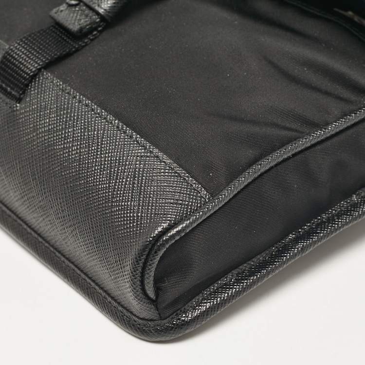 Pre Owned Prada Black Re-Nylon and Leather Flap Crossbody Bag