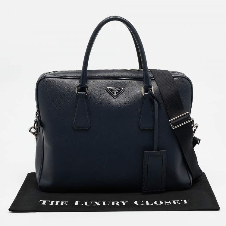 Pre Owned Prada Navy Blue Saffiano Leather Briefcase