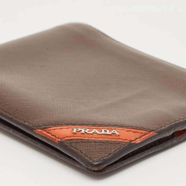 Pre Owned Prada Dark Brown/Orange Saffiano Metal Leather Bi Fold Wallet