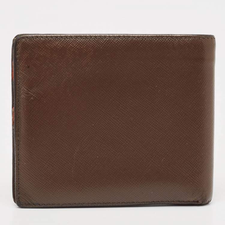 Pre Owned Prada Dark Brown/Orange Saffiano Metal Leather Bi Fold Wallet