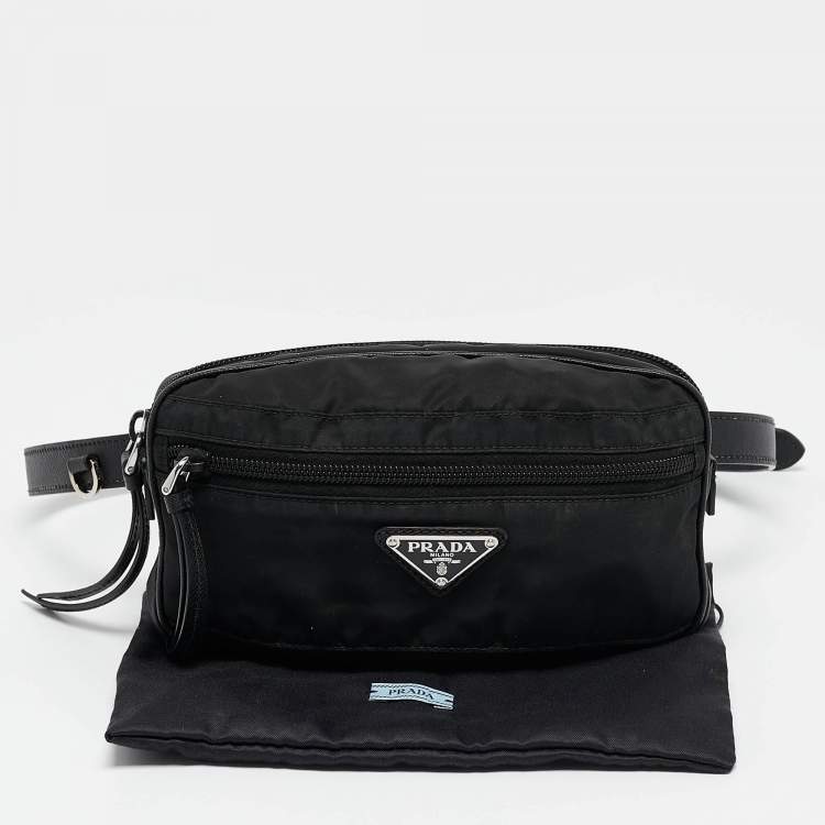 Pre Owned Prada Black Leather and Nylon Front Pocket Belt Bag