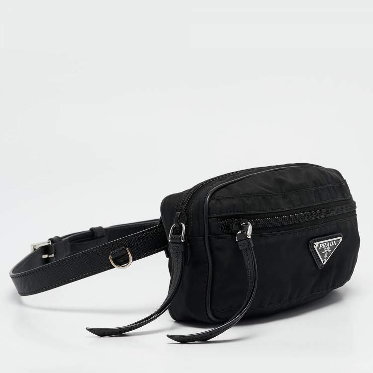 Pre Owned Prada Black Leather and Nylon Front Pocket Belt Bag