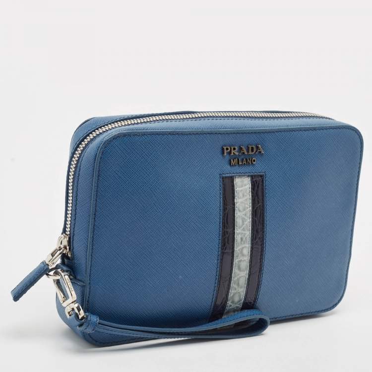 Pre Owned Prada Blue Saffiano Travel Leather and Alligator Clutch