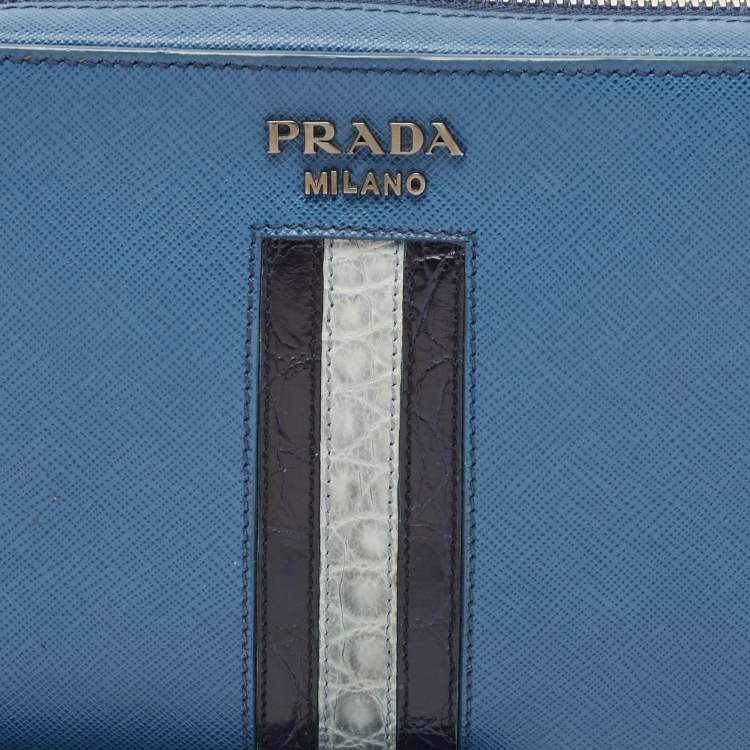 Pre Owned Prada Blue Saffiano Travel Leather and Alligator Clutch