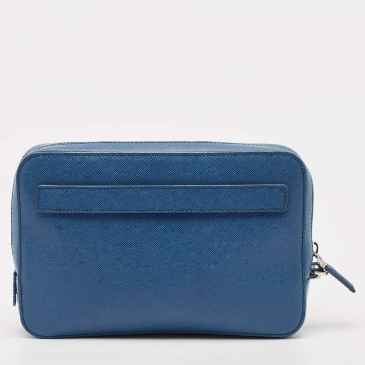 Pre Owned Prada Blue Saffiano Travel Leather and Alligator Clutch