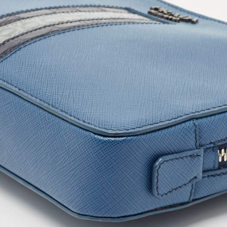 Pre Owned Prada Blue Saffiano Travel Leather and Alligator Clutch