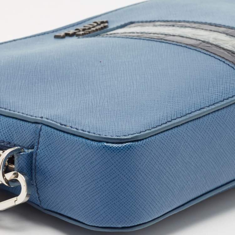 Pre Owned Prada Blue Saffiano Travel Leather and Alligator Clutch