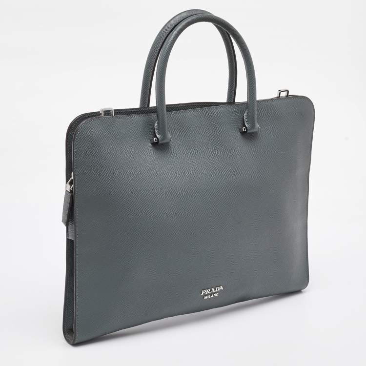 Pre Owned Prada Grey Saffiano Leather Slim Briefcase