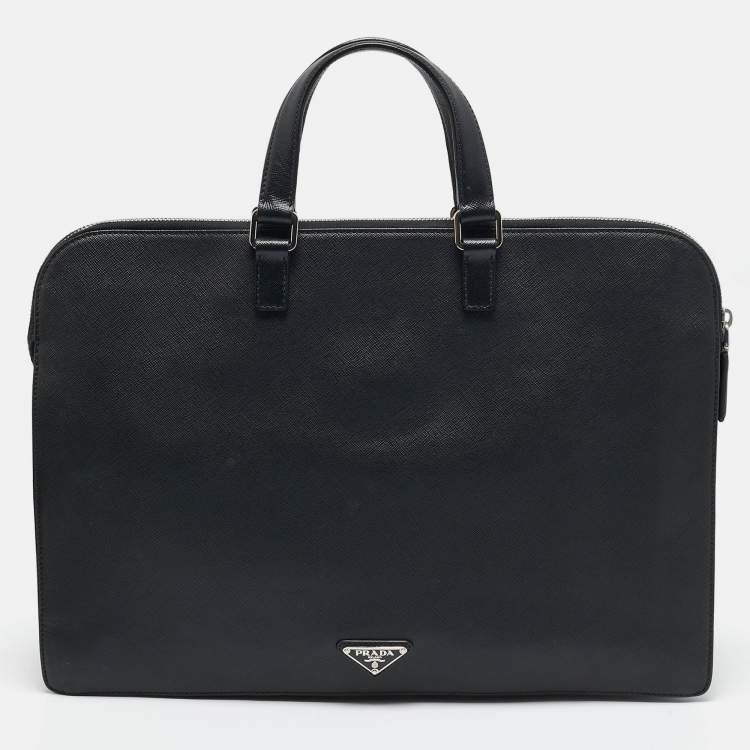 Pre Owned Prada Black Saffiano Lux Leather Double Zip Briefcase