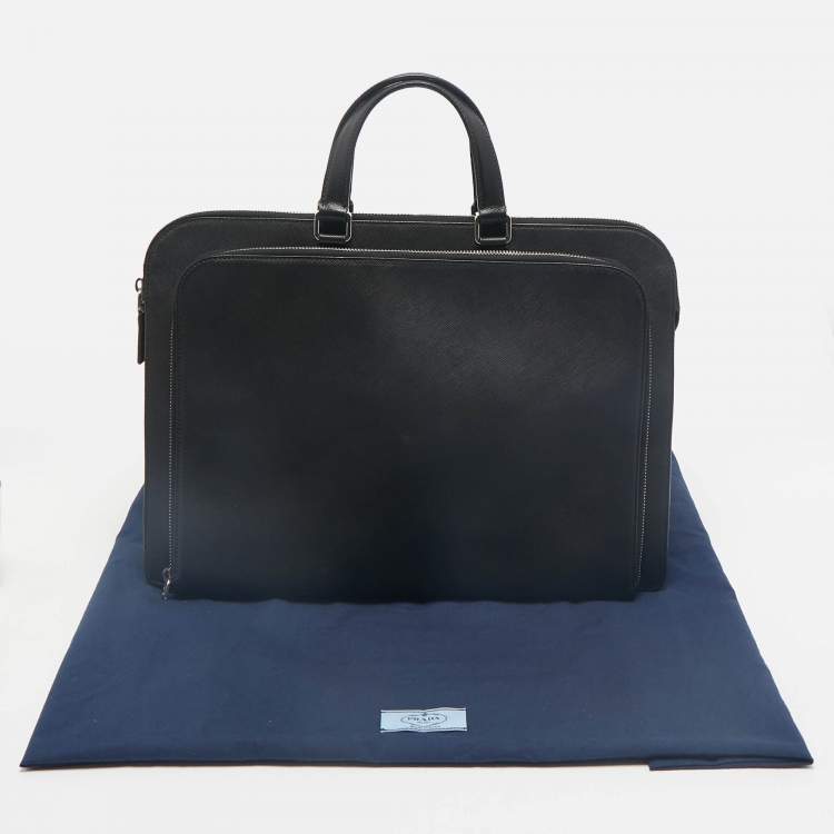 Pre Owned Prada Black Saffiano Lux Leather Double Zip Briefcase