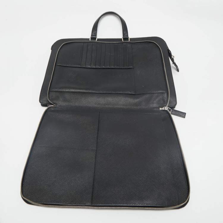 Pre Owned Prada Black Saffiano Lux Leather Double Zip Briefcase