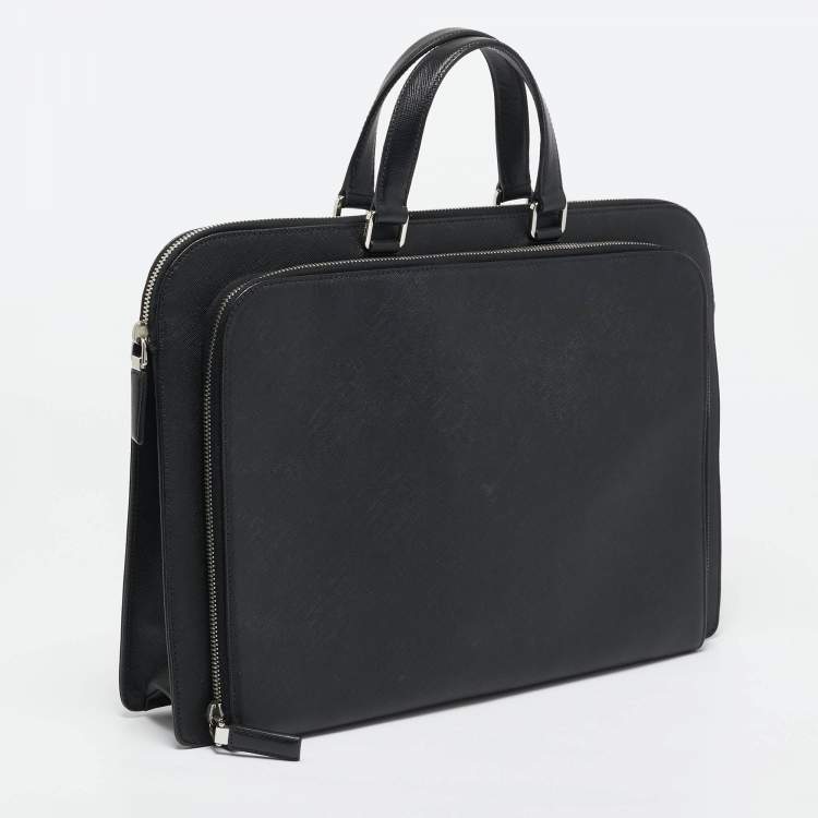 Pre Owned Prada Black Saffiano Lux Leather Double Zip Briefcase