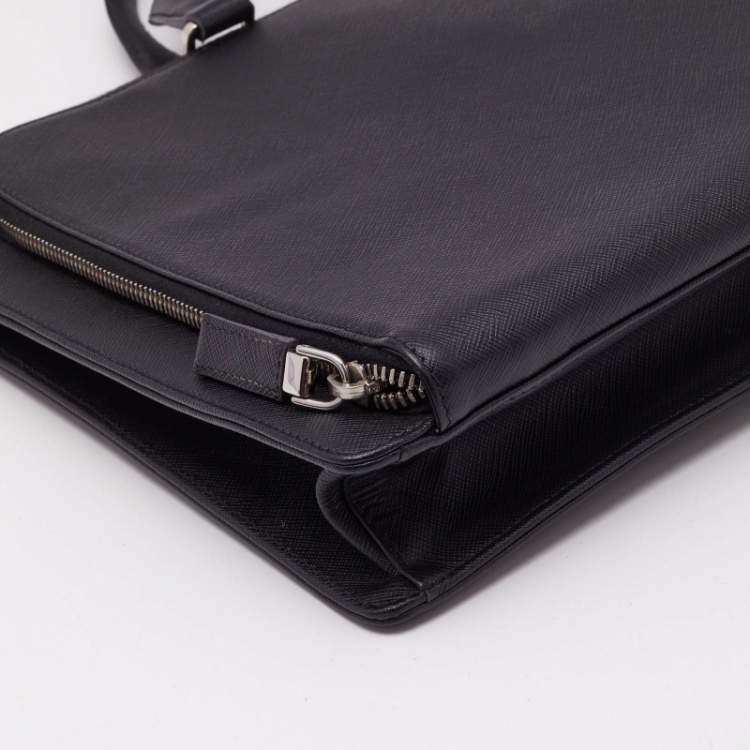 Pre Owned Prada Black Saffiano Lux Leather Double Zip Briefcase