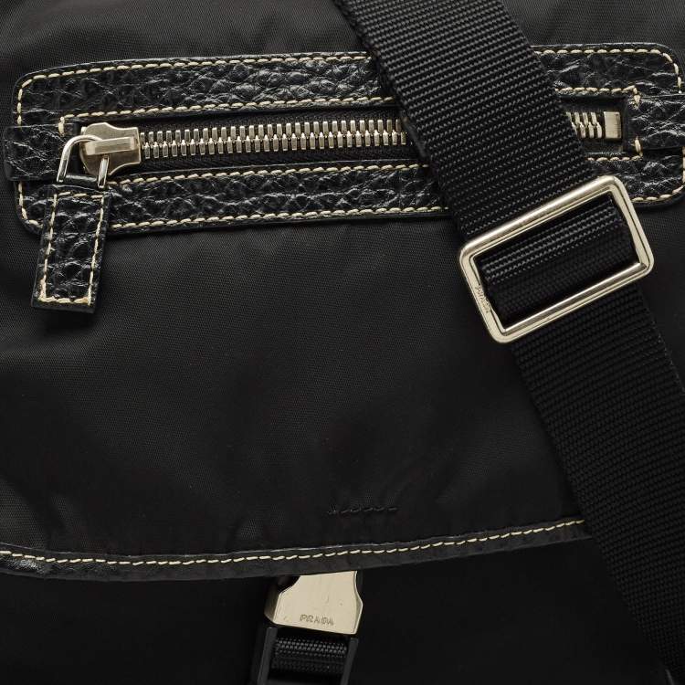 Pre Owned Prada Black Leather and Nylon Pocket Flap Messenger Bag
