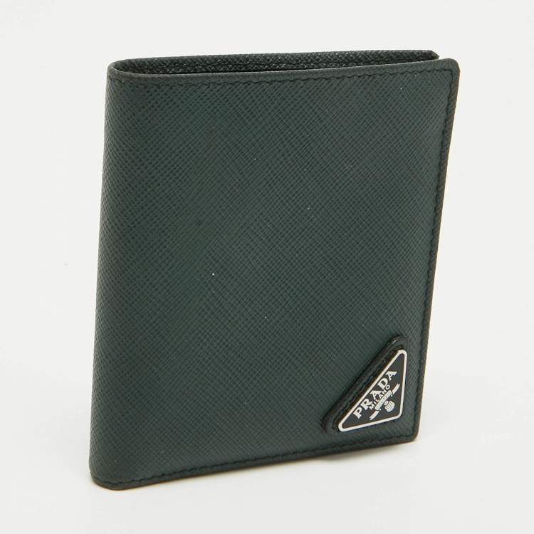 Pre Owned Prada Dark Green Saffiano Metal Leather Logo Bifold Wallet