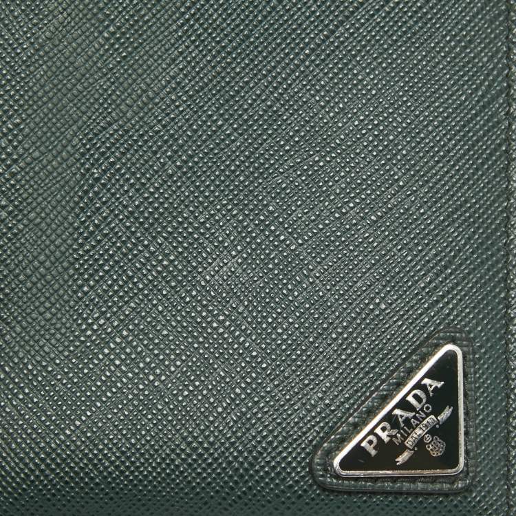 Pre Owned Prada Dark Green Saffiano Metal Leather Logo Bifold Wallet