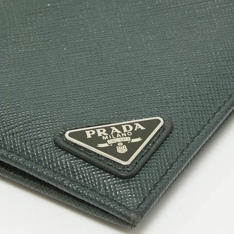 Pre Owned Prada Dark Green Saffiano Metal Leather Logo Bifold Wallet