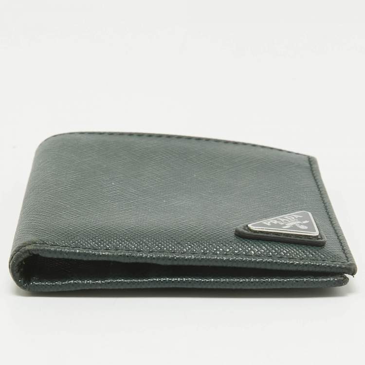 Pre Owned Prada Dark Green Saffiano Metal Leather Logo Bifold Wallet