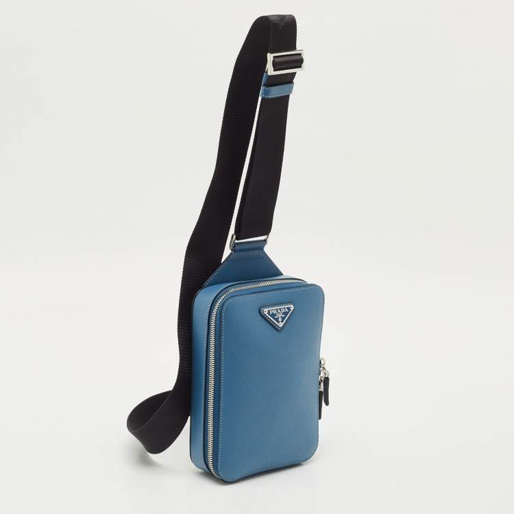 Pre Owned Prada Blue Saffiano Lux Leather Brique Sling Bag
