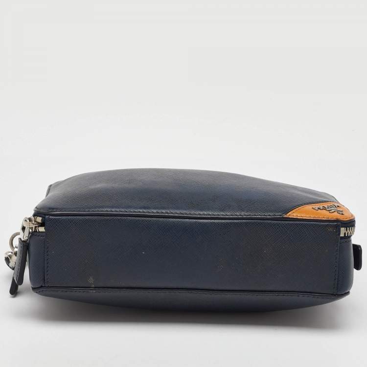 Pre Owned Prada Navy Blue Saffiano Leather Wristlet Pouch Clutch