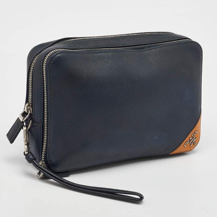 Pre Owned Prada Navy Blue Saffiano Leather Wristlet Pouch Clutch