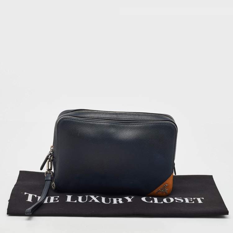 Pre Owned Prada Navy Blue Saffiano Leather Wristlet Pouch Clutch