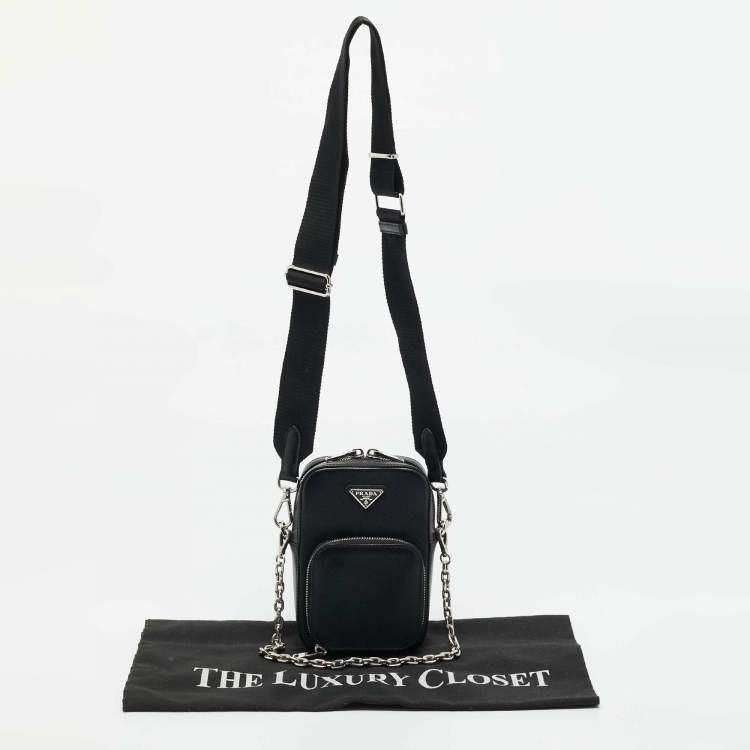 Pre Owned Prada Black Saffiano Lux Leather Phone Crossbody Bag