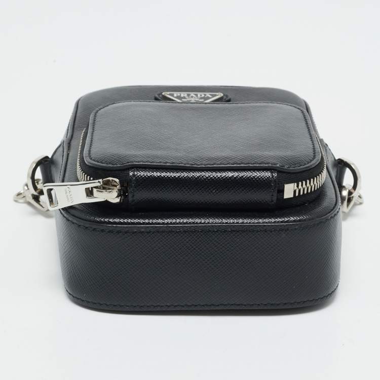 Pre Owned Prada Black Saffiano Lux Leather Phone Crossbody Bag
