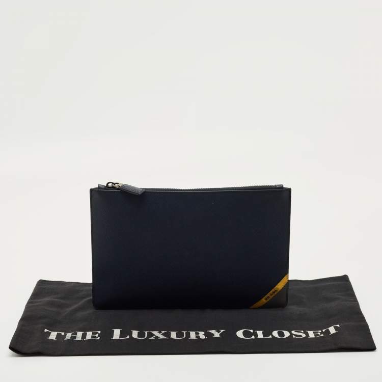Pre Owned Prada Navy Blue Saffiano Leather Flat Zip Pouch