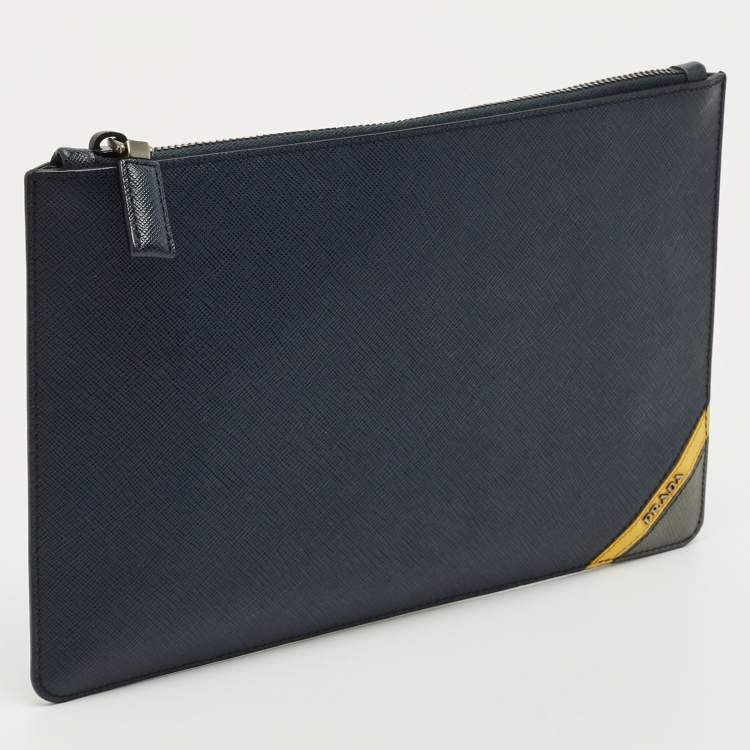 Pre Owned Prada Navy Blue Saffiano Leather Flat Zip Pouch
