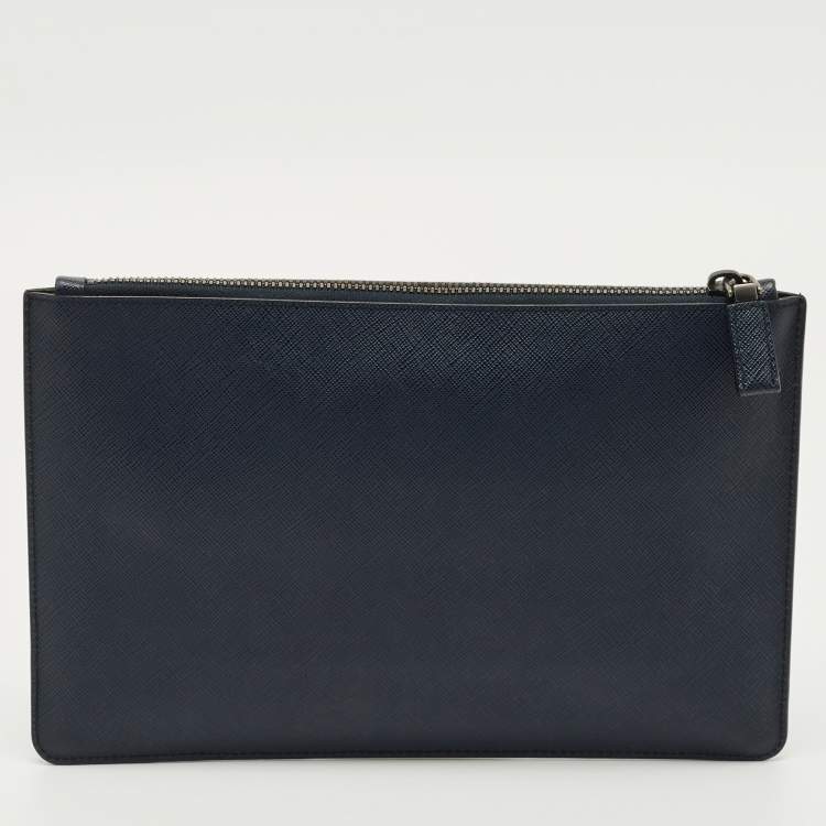 Pre Owned Prada Navy Blue Saffiano Leather Flat Zip Pouch