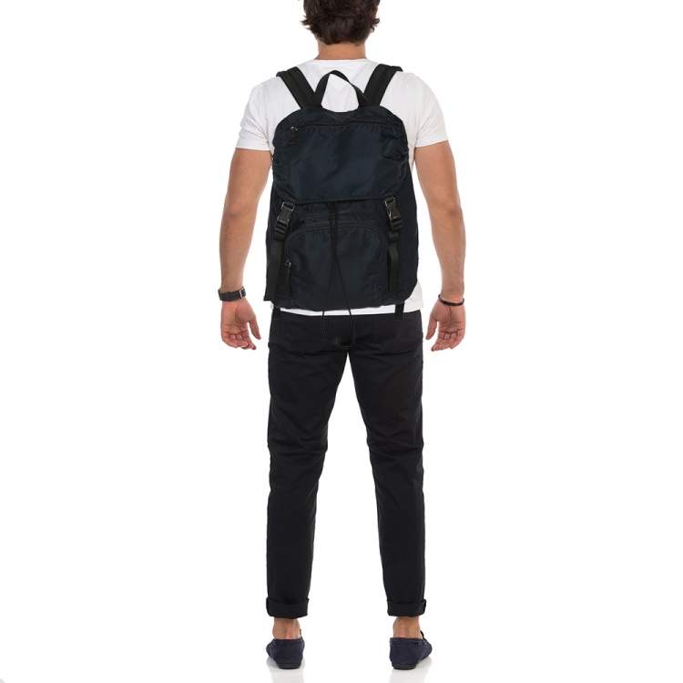 Pre Owned Prada Navy Blue Nylon Drawstring Backpack