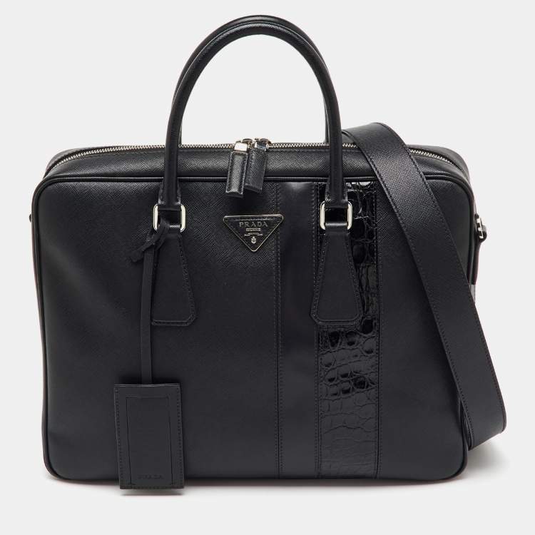 Pre Owned Prada Black Saffiano Leather and Croc Embossed Leather Travel Briefcase Bag