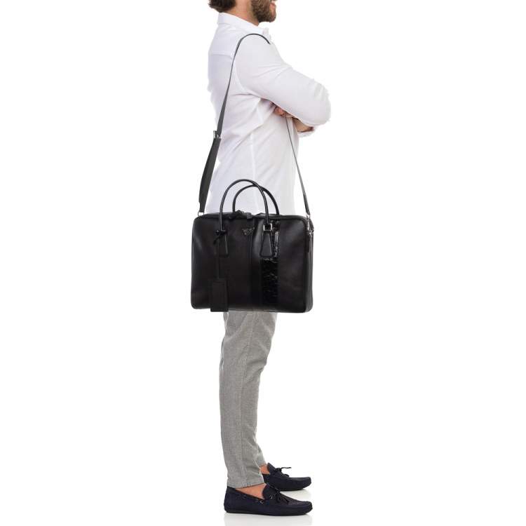 Pre Owned Prada Black Saffiano Leather and Croc Embossed Leather Travel Briefcase Bag
