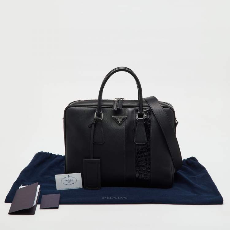 Pre Owned Prada Black Saffiano Leather and Croc Embossed Leather Travel Briefcase Bag