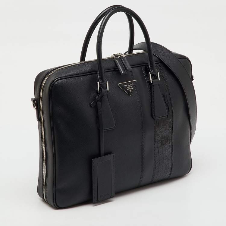 Pre Owned Prada Black Saffiano Leather and Croc Embossed Leather Travel Briefcase Bag
