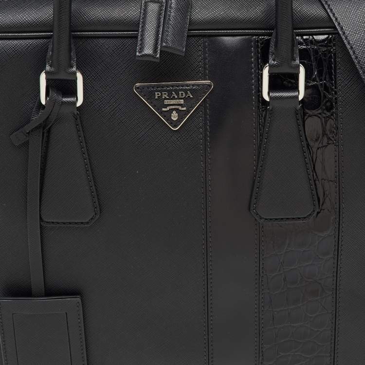 Pre Owned Prada Black Saffiano Leather and Croc Embossed Leather Travel Briefcase Bag