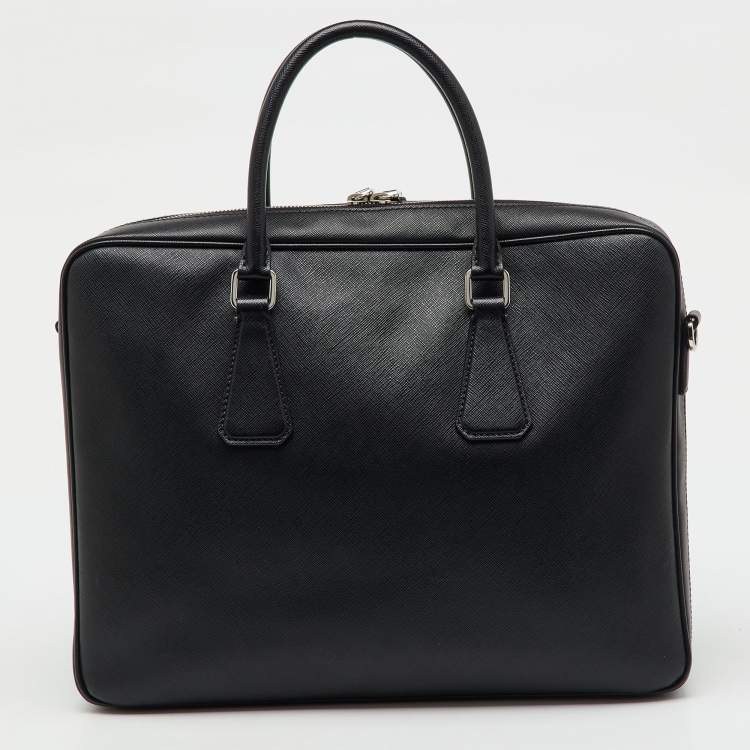 Pre Owned Prada Black Saffiano Leather and Croc Embossed Leather Travel Briefcase Bag