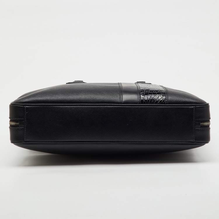 Pre Owned Prada Black Saffiano Leather and Croc Embossed Leather Travel Briefcase Bag