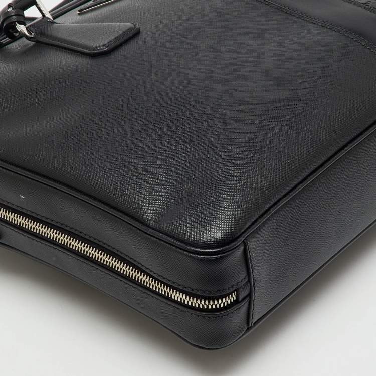 Pre Owned Prada Black Saffiano Leather and Croc Embossed Leather Travel Briefcase Bag