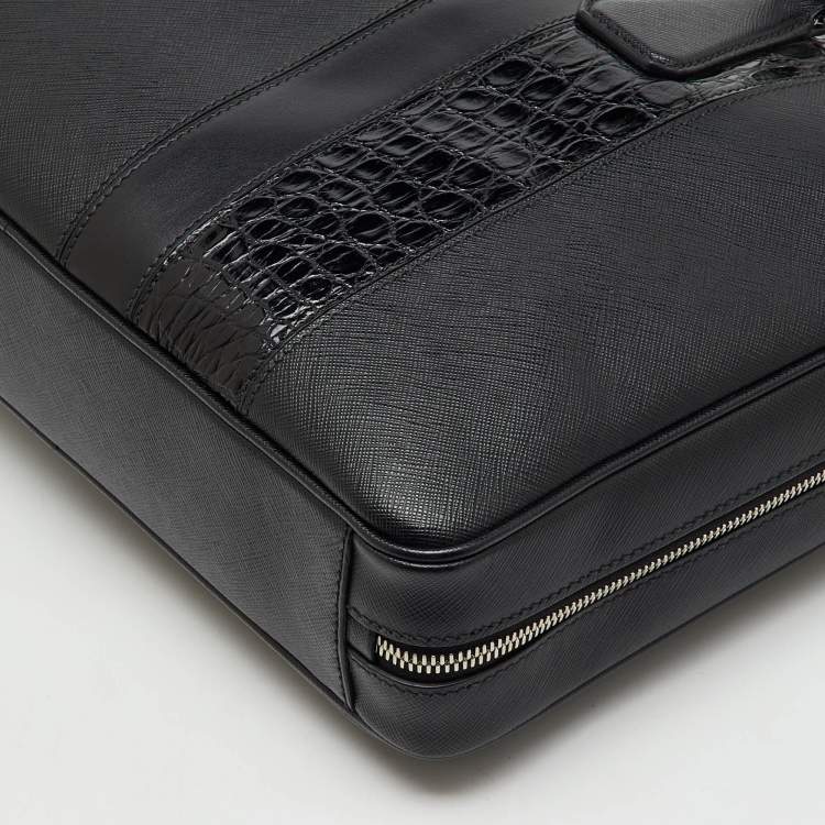 Pre Owned Prada Black Saffiano Leather and Croc Embossed Leather Travel Briefcase Bag