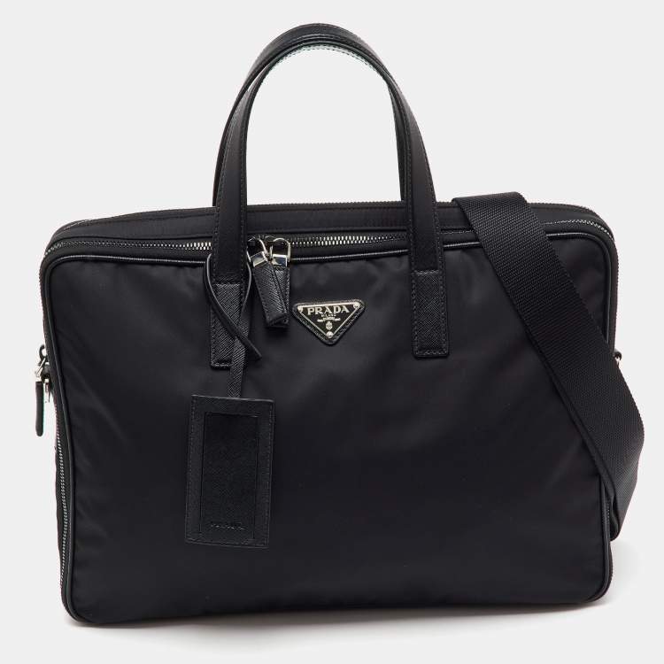 Pre Owned Prada Black Re-Nylon and Saffiano Leather Briefcase