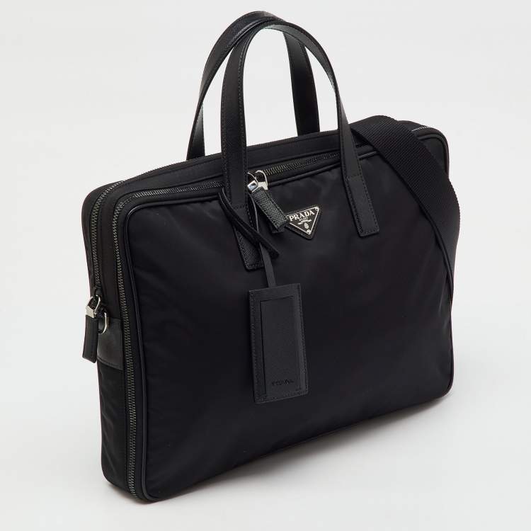 Pre Owned Prada Black Re-Nylon and Saffiano Leather Briefcase