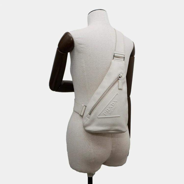 Pre Owned Prada Triangle Logo White Leather Crossbody Bag