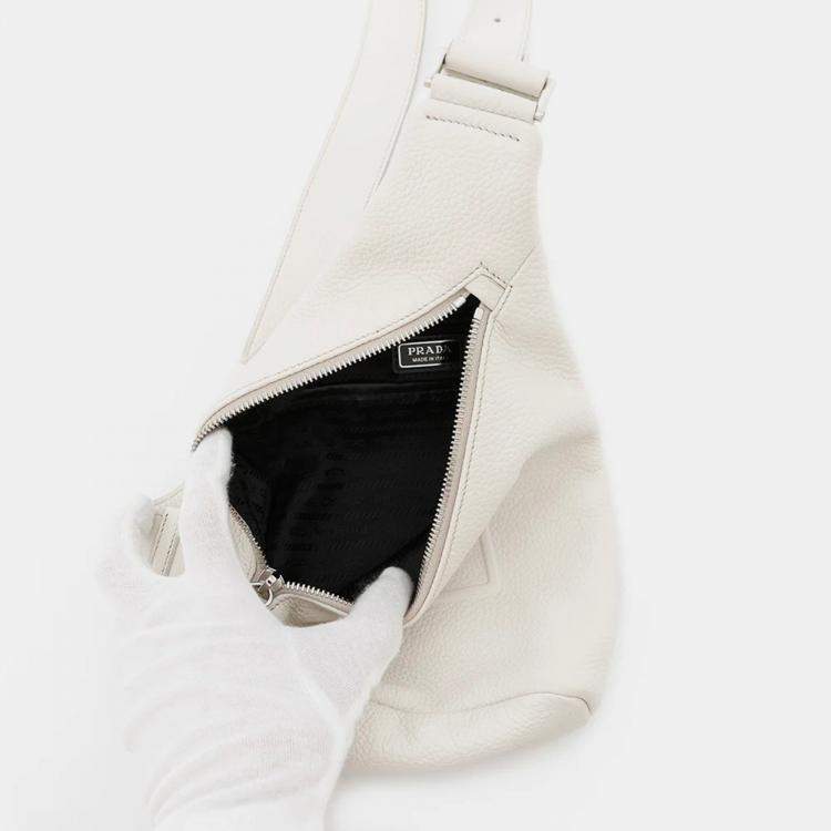 Pre Owned Prada Triangle Logo White Leather Crossbody Bag