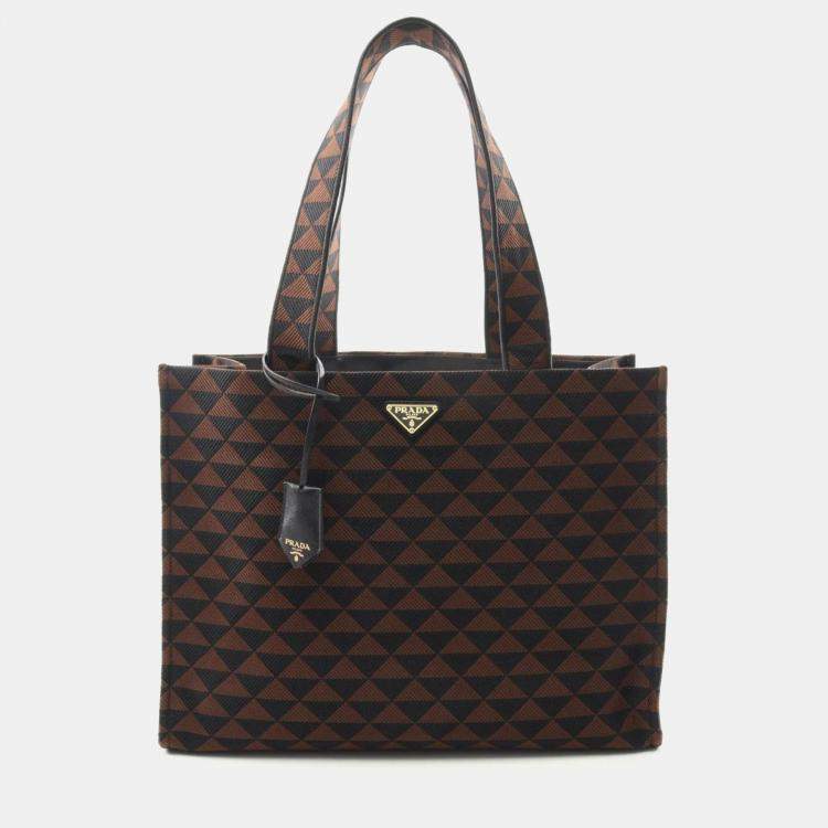 Pre Owned Prada Triangolo Symbole Brown/Black Embroidered Jacquard Saffiano Shopping Tote Bag